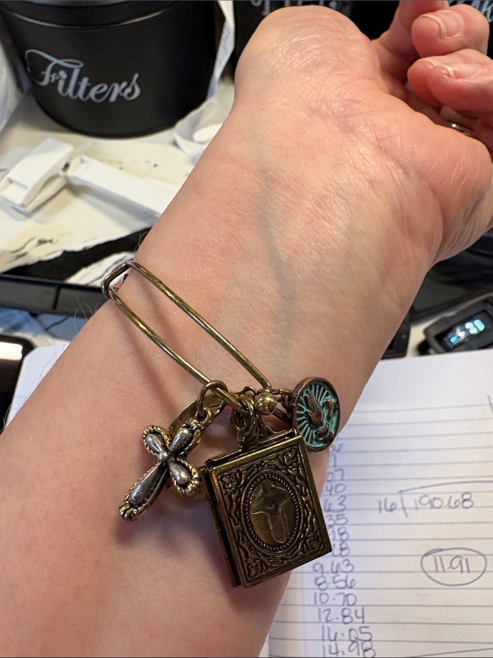 Elegant Bronze-Tone Charm Bangle Bracelet with Cross and Book Charms